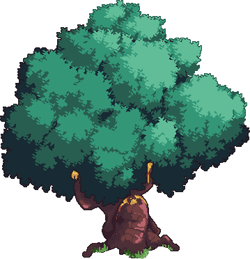 Large Oak Tree A large oak tree. Its leaves shine a bright bluish green under the moonlight, and there's a yellow substance leaking from it.