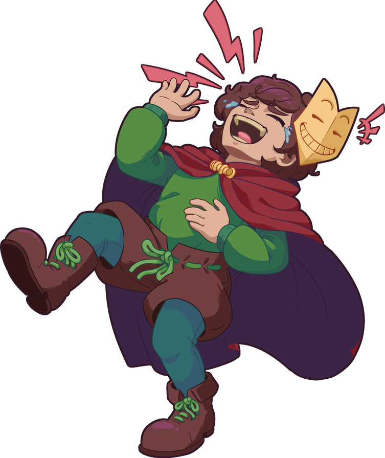 Kid and Masque Laughing Kid and Masque. Masque has a smug, self-satisfied look on his face. Kid is bent backwards, laughing so hard that tears have formed.